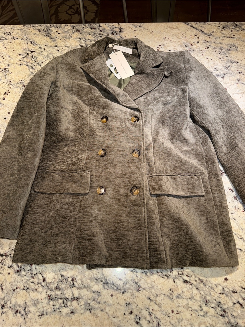 Commense Double-Breasted Velvet Blazer in Olive Green